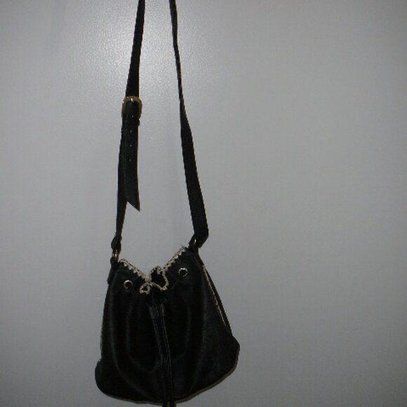 Black Drawstring Closure Cross Body Faux Leather Purse Bag w/Tan Embroidery - Picture 2 of 7